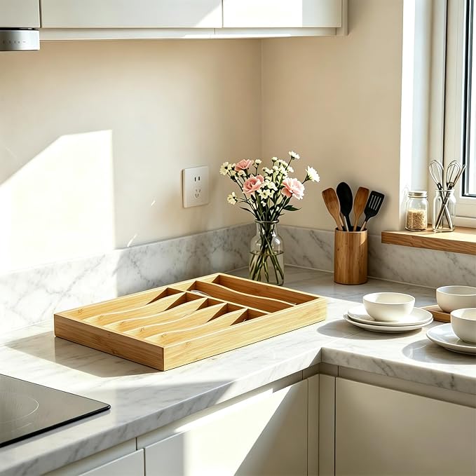 Bamboo Silverware Drawer Organizer, 7 Slots Kitchen Drawer Tray | Bamboo Kitchen Drawer Cutlery Organizer, Utensil Holder, Flatware Organizer Tray (11.8"x15.7"x1.7"), Natural - Image 6