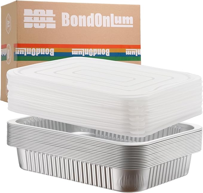 Aluminum Foil Pan with Lids, Heavy Duty Disposable Aluminum Baking Pans | 14.57"×10.63" Steam Table Pans for Cooking, Heating, Storing, Prepping Roasting and Chafing (15 Pack Silver w/Lids) by BondOnLum
