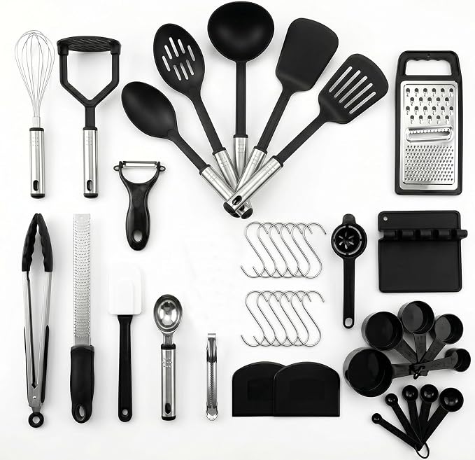 Kitchen Utensils Set – 19 PCS Black Nylon Stainless Steel Cooking Utensils (Holder not Included), Non-Stick Safe, Dishwasher Safe, Heat Resistant Kitchen Tools – Ideal for New Home, Apartment, or Gift by KitchenPick