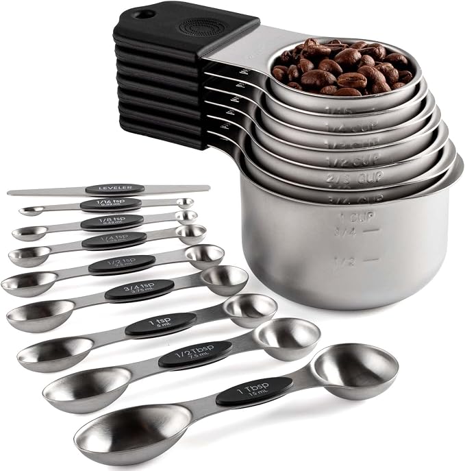Magnetic Measuring Cups and Spoons Set Stainless Steel Measuring Cup&Spoon | 7 Stackable Measuring Cup 8 Double Sided Magnetic Measuring Spoons with 1 Leveler for Dry and Liquid Ingredients (black) by Turewin