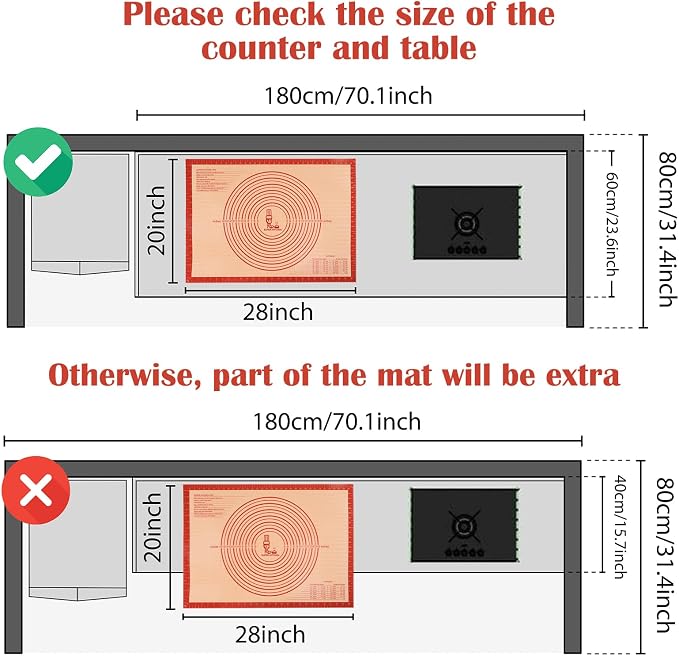 Non-slip Silicone Pastry Mat Extra Large Measurements 28''x 20'' Baking Mat | Silicone Baking Mat Counter Dough Rolling Oven Liner Fondant / Pie Crust Sourdough Bread Supplies - Folksy Super Kitchen Red - Image 6