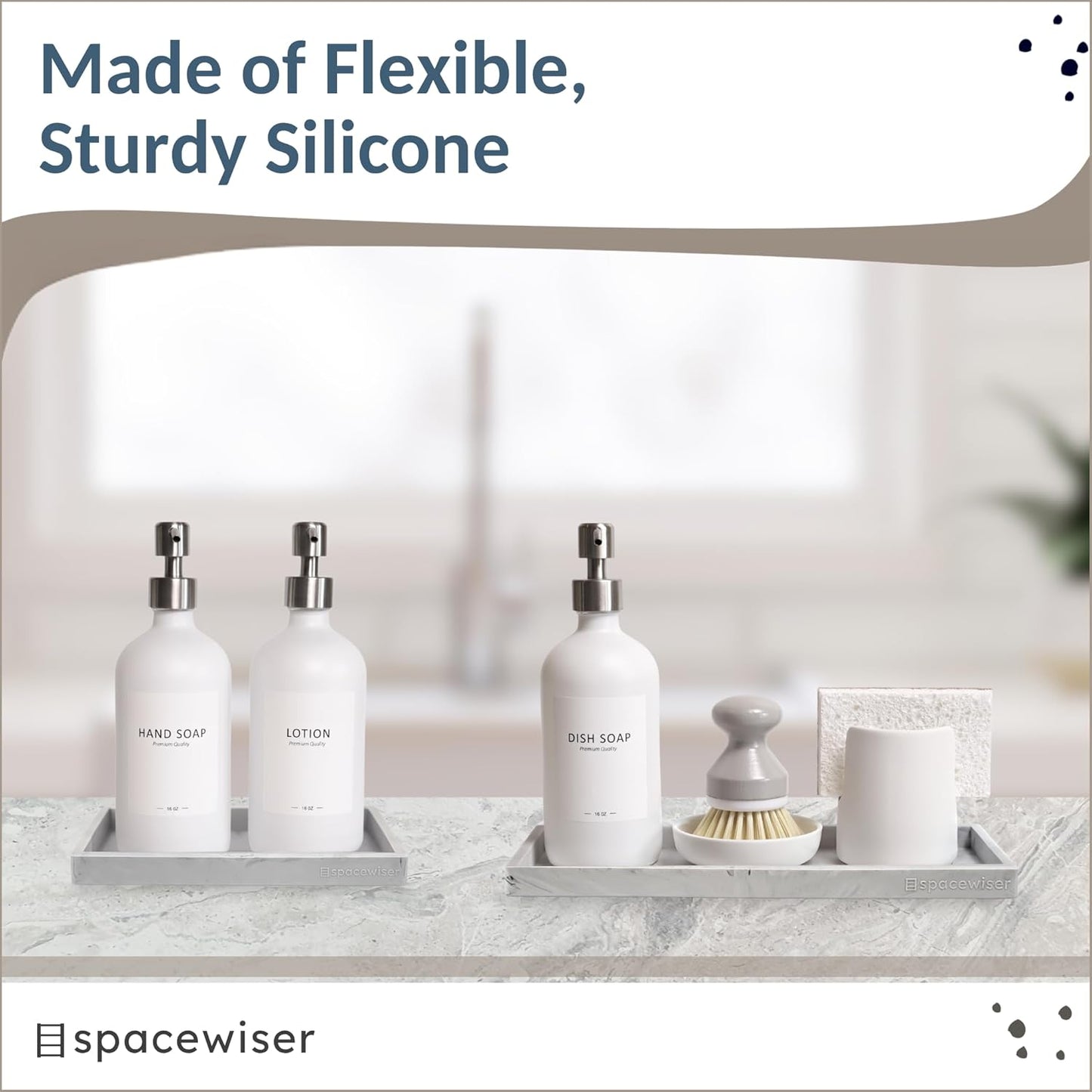 Countertop and Vanity Tray - 2 PC (11” and 7”) Shatterproof Silicone Kitchen and Bathroom Trays for Counter, Kitchen Soap Dispenser Tray, Vanity Trays for Bathroom, Perfume Key Tray