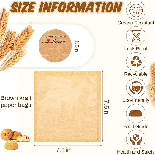 Outus 50 Pcs Cookie Packaging Bags with Seal, 7.1 x 7.5 Inch, Brown | Bakery Pastry Bags with Window, Heat Sealable Grease Resistant Paper to Go Bake Sleeves for Gift Giving Donut Bread Sandwich - Image 2