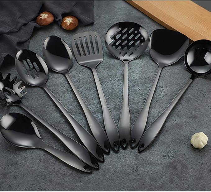 8 Piece Stainless Steel Kitchen Utensil Set Black Nonstick Cooking Utenisls Titanium Plated Kitchen Tools Gadgets Slotted Spatula Spoon Turner Ladle Dishwasher Safe - Image 6