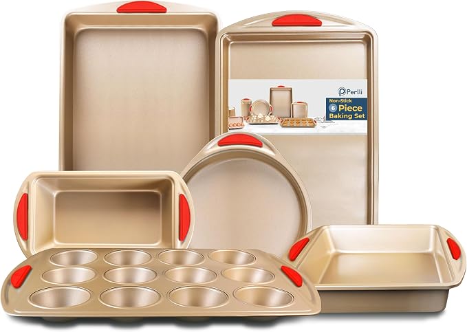 Perlli Baking Kit: Nonstick Gold Steel Oven Set - 6 Pieces, Round Cake Pan, Loaf Pan, Square Pan, Muffin Pan, Cookie Sheet, Roaster - Silicone Handles by PERLLI