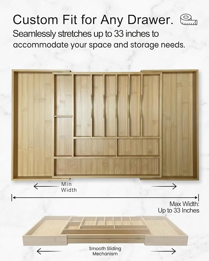 Expandable Bamboo Silverware Drawer Organizer – Adjustable 33" Wide Wooden Utensil Tray with 11-Compartments, Large Kitchen Flatware & Spoon Holder, Natural Solid Wood for Drawers - Image 2