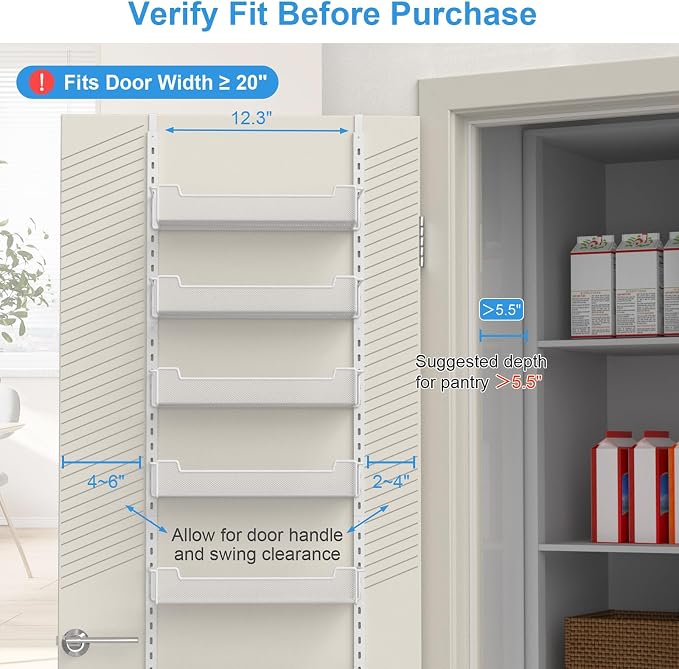 VyGrow 12.3" W Narrow Over the Door Pantry Organizer, 6-Tier Over the Door Organizer with Adjustable Basket, Pantry Door Organization for Pantry Kitchen Storage Room Spice Rack, White - Image 4