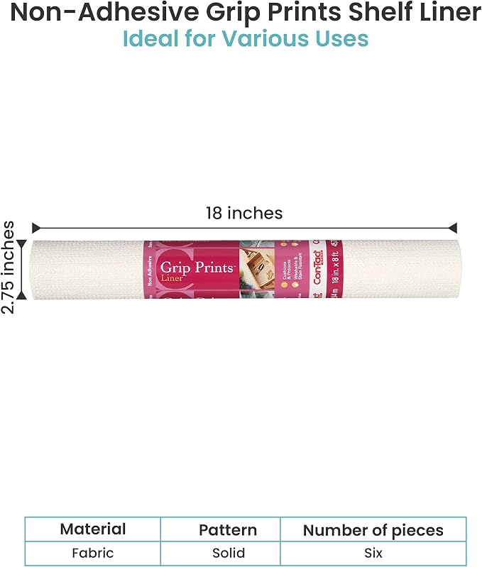Con-Tact Brand Grip Prints Shelf Liner, Durable and Non-Adhesive Liners, Non-Slip Drawer and Cabinet Liner, 18" x 8', White, Pack of 4 Rolls - Image 2