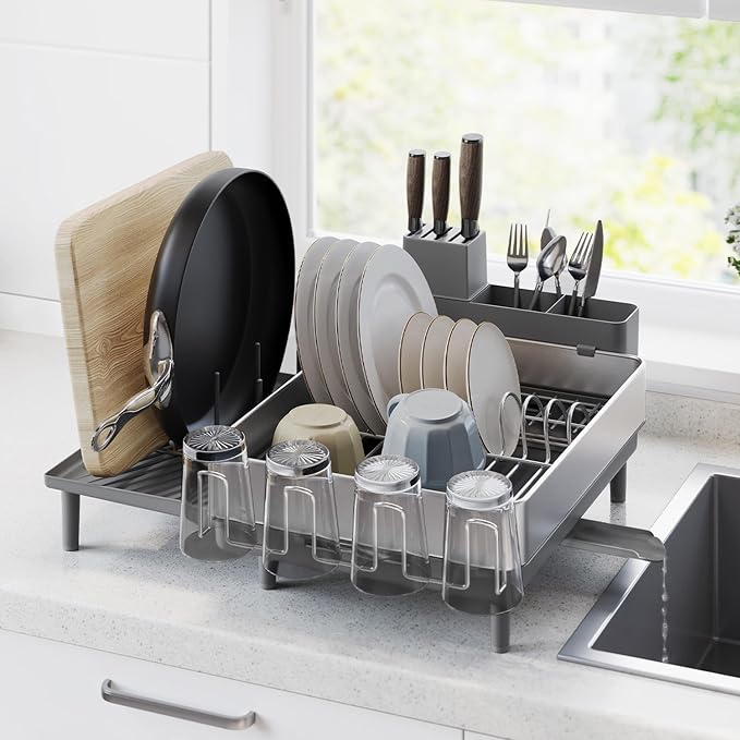 SONGMICS Dish Drying Rack, Expandable Stainless Steel, with Rotatable Spout by Unknown