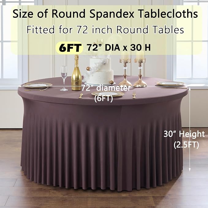 6 Pack Brown Spandex Round Tablecloths for 72 inch Table, Wrinkle Free Stretchy 132inch Fitted 6ft Round Table Cover Cloths with Skirt for Wedding Party Dining Banquet - Image 6