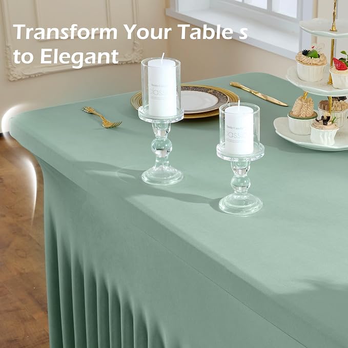 NSSONBEN 2 pk Sage Green Spandex Tablecloth for 8 Foot Rectangle Tables,Wrinkle Free Fitted Spandex Table Covers 8ft Stretch Table Cloths with Ruffle Skirt for Parties Weddings Banquet Baby Shower - Image 5