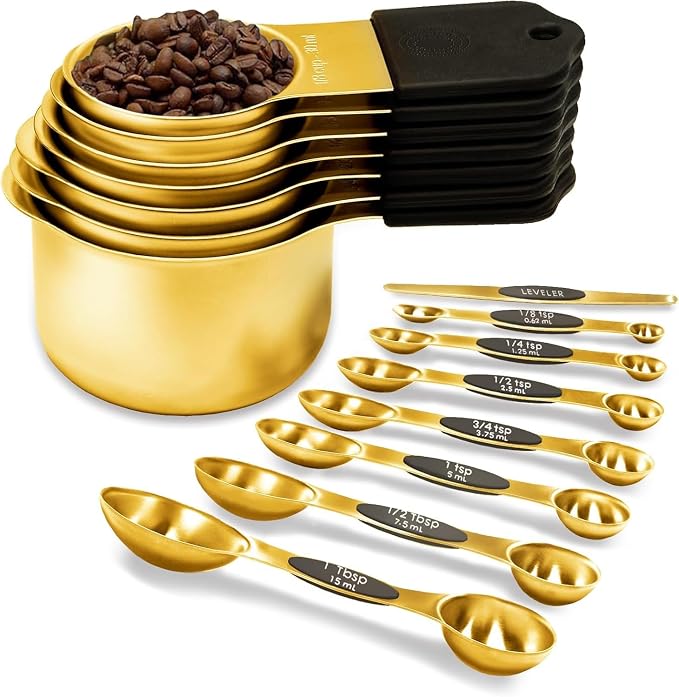 Magnetic Measuring Cups and Spoons Set, Strong N52 Magnets, Heavy Duty 304 Stainless Steel Fits in Spice Jars for Baking & Cooking, BPA Free, Round Set of 15 with Leveler,Gold by vfuni