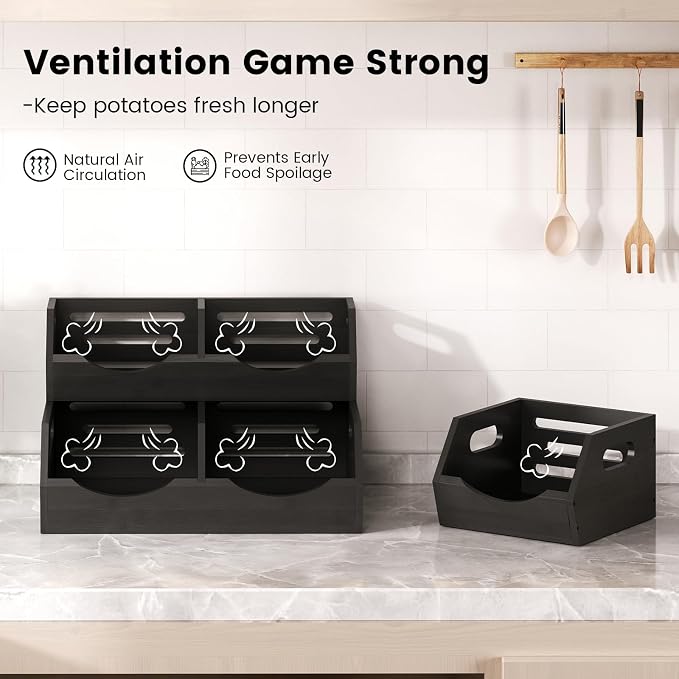Potato Storage Bins Onion, 3 Tier Bamboo Pantry Storage Bin Stackable Ventilated Organizer for Kitchen, Pantry, Countertop, Bathroom, Black - Image 3