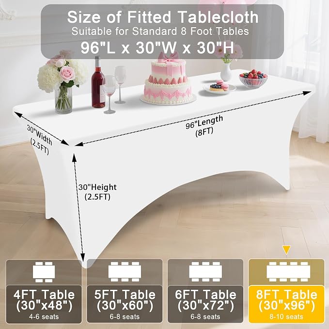 Smiry 2 Pack Spandex Table Cloth 8FT, Elastic Fitted White Tablecloth - Image 8