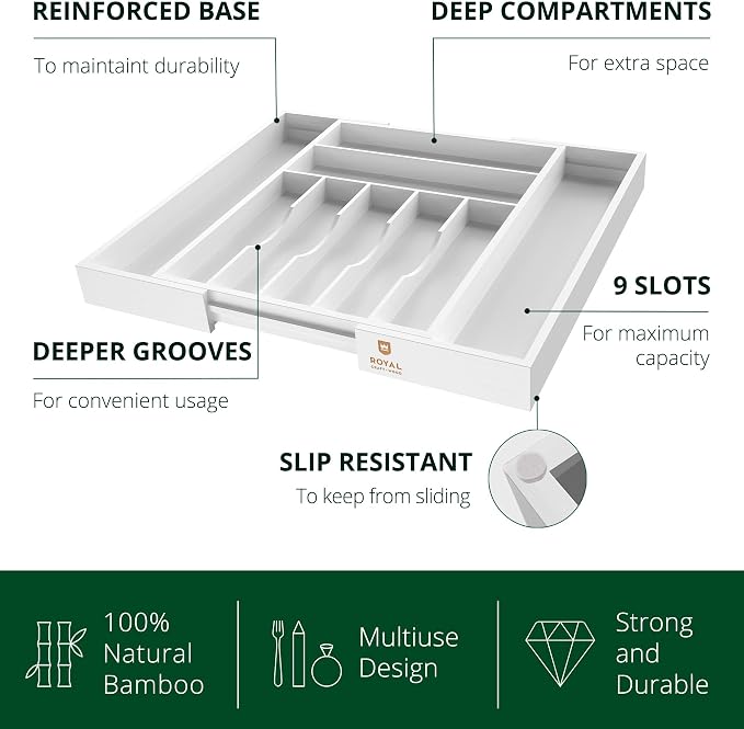 ROYAL CRAFT WOOD Luxury Bamboo Kitchen Drawer Organizer - Silverware Organizer - Utensil Holder and Cutlery Tray with Grooved Drawer Dividers for Flatware and Kitchen Utensils (9 Slot, White) - Image 3
