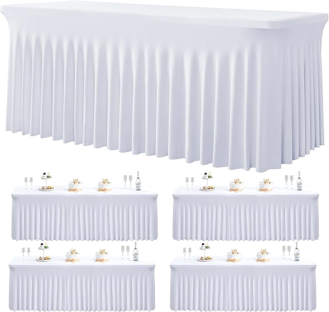 4 Pack White Spandex Tablecloth for 5 Foot Rectangle Tables, Wrinkle Free Fitted Table Clothes Cover 5ft Stretchy Tablecloths with Skirt for Parties Weddings Birthday Banquet Baby Shower by Htper