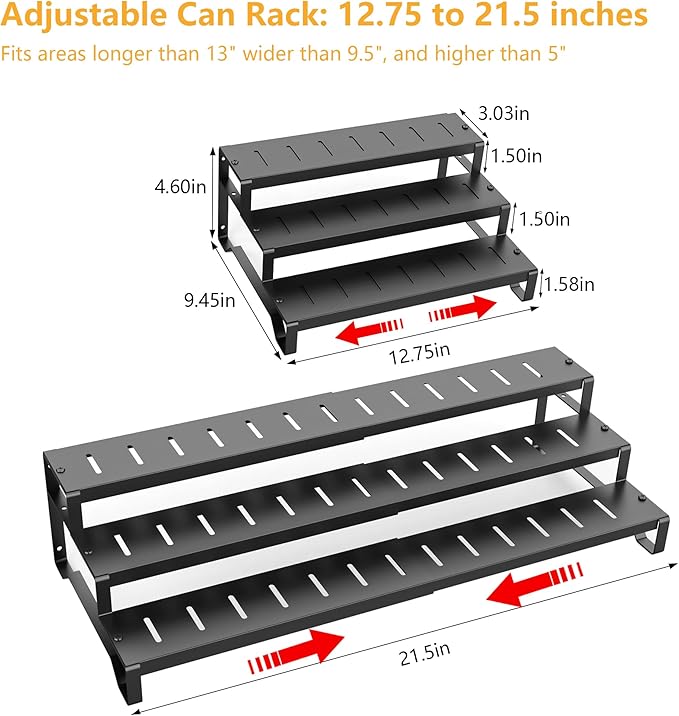 Expandable Can Organizer for Pantry, 3 Tier Metal Canned Food Storage | 13"-21" Adjustable Length, Tiered Soda Organizer Hold 21 Cans, Large-Capacity Storage Holder for Kitchen Cabinet Countertop - Image 2