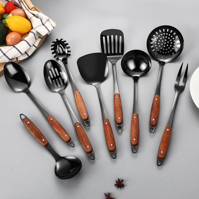 304 Stainless Steel Cooking Utensils Set,9PCS Metal Kitchen Utensils Set with Wooden Handle,Solid Spoon,Spatula,Ladle,Skimmer,Spaghetti Spoon,Dishwasher Safe(Black) - Image 3