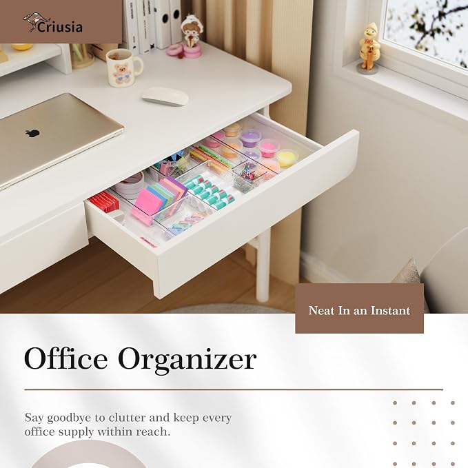 Criusia 14 PCS Clear Plastic Drawer Organizer Set - 5 Large Size Versatile Kitchen and Bathroom Organizer Trays, Non-Slip Storage Bins for Makeup, Utensils, Tool and Office Desk - Image 6
