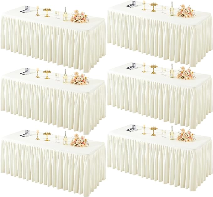 PARTISKY 6 Pack Ivory Tablecloths for Rectangle Tables 8ft, Wrinkle Resistant Spandex Table Cover Fitted Stretch Table Cloth with Pleated Ruffle Skirts for Party Banquet Dining Birthday Wedding by Partisky