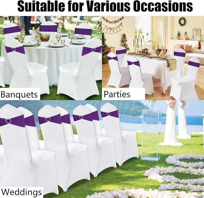 Purple Chair Sashes 50 Pack Spandex Purple Sashes for Chairs Covers Universal Stretch Chair Sashes Band with Heart Buckle Slider Sashes Bows for Wedding Banquet Party Decorations - Image 7