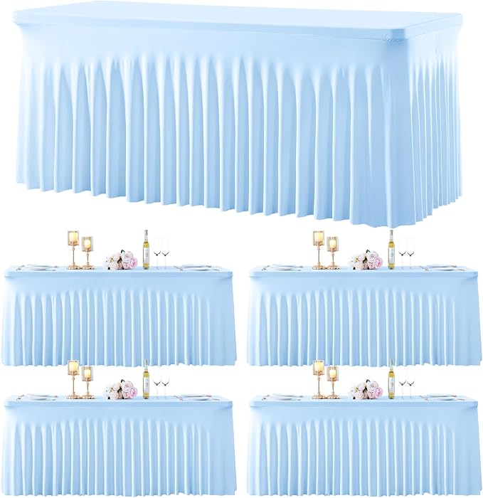 gogoparti 4 Pack Spandex Baby Blue Fitted Table Cloth for 8ft Rectangle Tables Light Blue Stretch Tablecloth Banquet Table Covers Wrinkle Free Tablecloths for Parties Wedding by Gogoparti