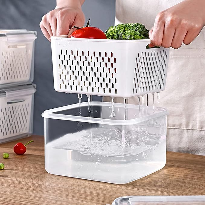 4 Pack Large Fridge Food Storage Container Set with Lids with Strainer, Fruit Vegetable Storage Containers Keep Fruits, Vegetables, Berry, Meat Fresh longer , BPA-Free Plastic Produce Keepers - Image 4