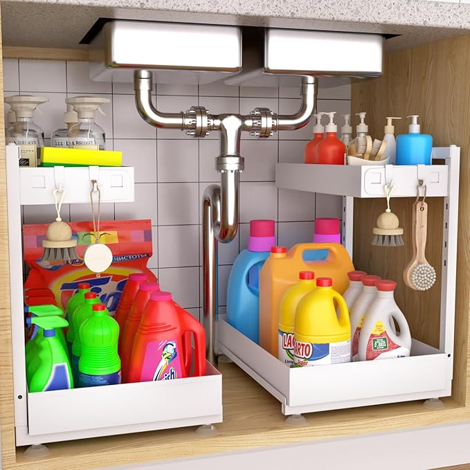 Under Sink Organizer Bathroom Kitchen: 2 Pack 2 Tier Metal Under Cabinet Storage with Height-adjustable Shelf and Pull out Rack for Pantry Vanity Cupboard Counter Countertop, White by Unknown