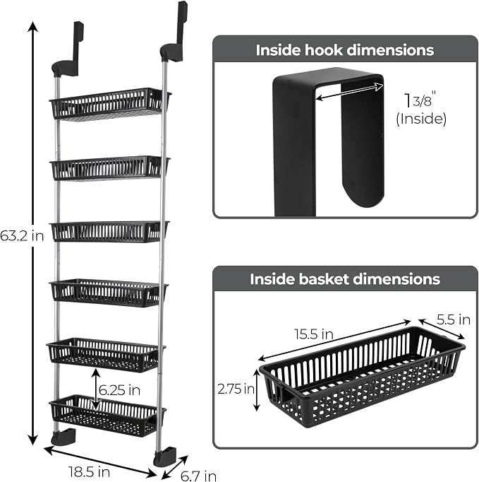 Smart Design Over-the-Door Organizer for Storage – Perfect for Pantry Organization, Bedroom, Bathroom Storage, Playroom, or Kitchen - Adjustable Steel Frame with 6 Baskets & Wall Mount – Black - Image 3