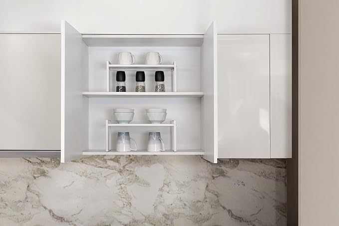 Nxconsu Stackable Cabinet Shelf Organizer 2 Pack, Standard White | Heavy-Duty 3mm Steel Stackable 2-Tier Shelf, Holds 50 lb, for Kitchen Cabinet Pantry Cupboard Counter Bathroom Under Sink - Image 7
