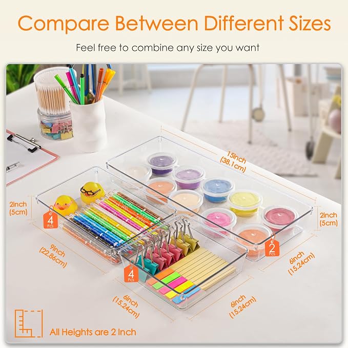 Criusia Drawer Organizer, 10 Pack Large Clear Plastic Set, 3 Size Versatile Bathroom and Vanity Organizer Trays, Storage Bins for Makeup, Bedroom, Kitchen Utensils - Image 3