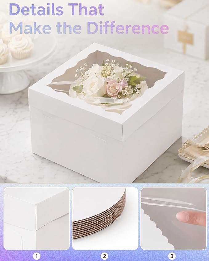 qiqee White 12x12x8 Cake Box, 4 Sets White Cake Box with Window ＆ 4 Sets 12" White Cake Round Boards, 12inch Cake Containers - Image 6