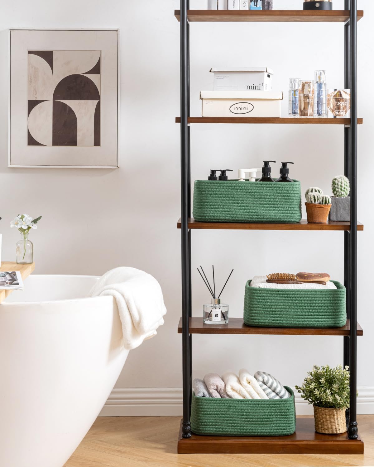 Small Woven Basket, 13.5 x 9.5 x 5 Inches, Storage Basket for Organizing, Cute Small Rope Shelf Closet Cube Storage Bins Baskets for Shelves, Dog Toy Gift Baskets Empty, 3 Pack, Green