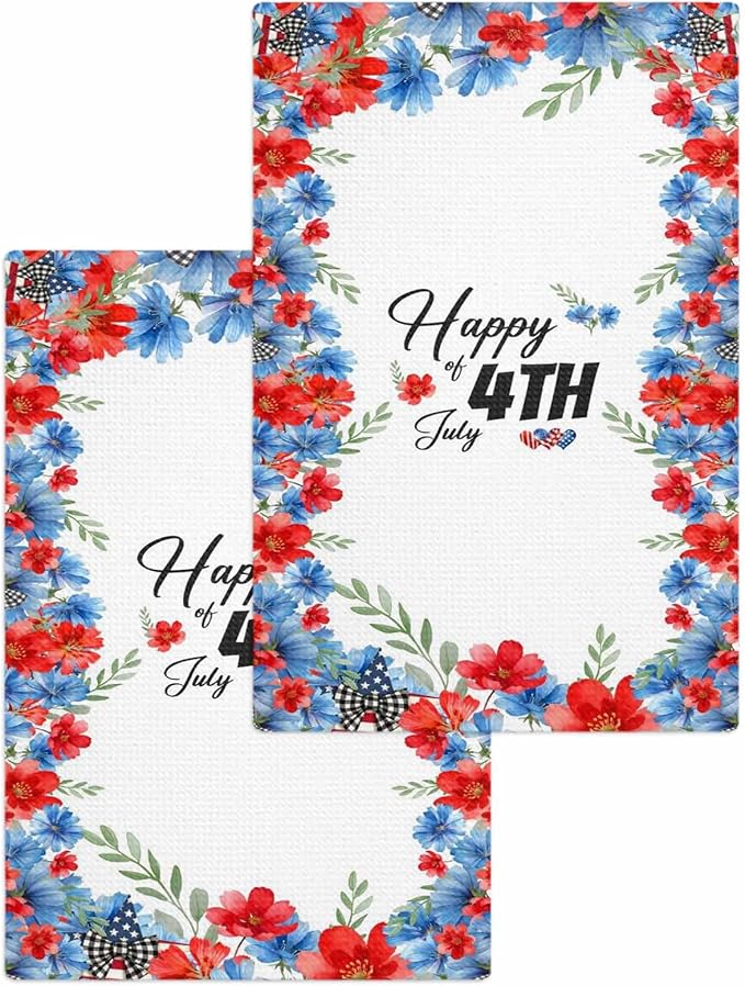 4th of July Hand Towels Set, Waffle Weave Kitchen Towels 2 Pieces, American Flag Red Blue Flowers Leaves Microfiber Hair Face Bath Tea Towel Absorbent Quick Drying Cleaning Dish Cloths, 15.7"x23.6" by Unknown