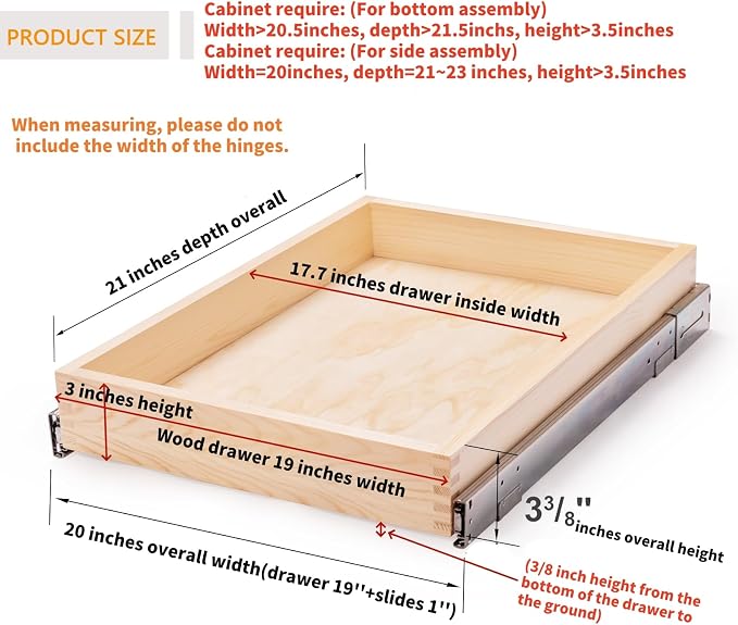 Mulush 20”W x 21”D x 3”H Soft Close Slide Out Wood Drawer Organizer for Kitchen, (Cabinet Width>20.5 inches for Bottom Assembly, Width= 20 inches for Side Assembly) - Image 3