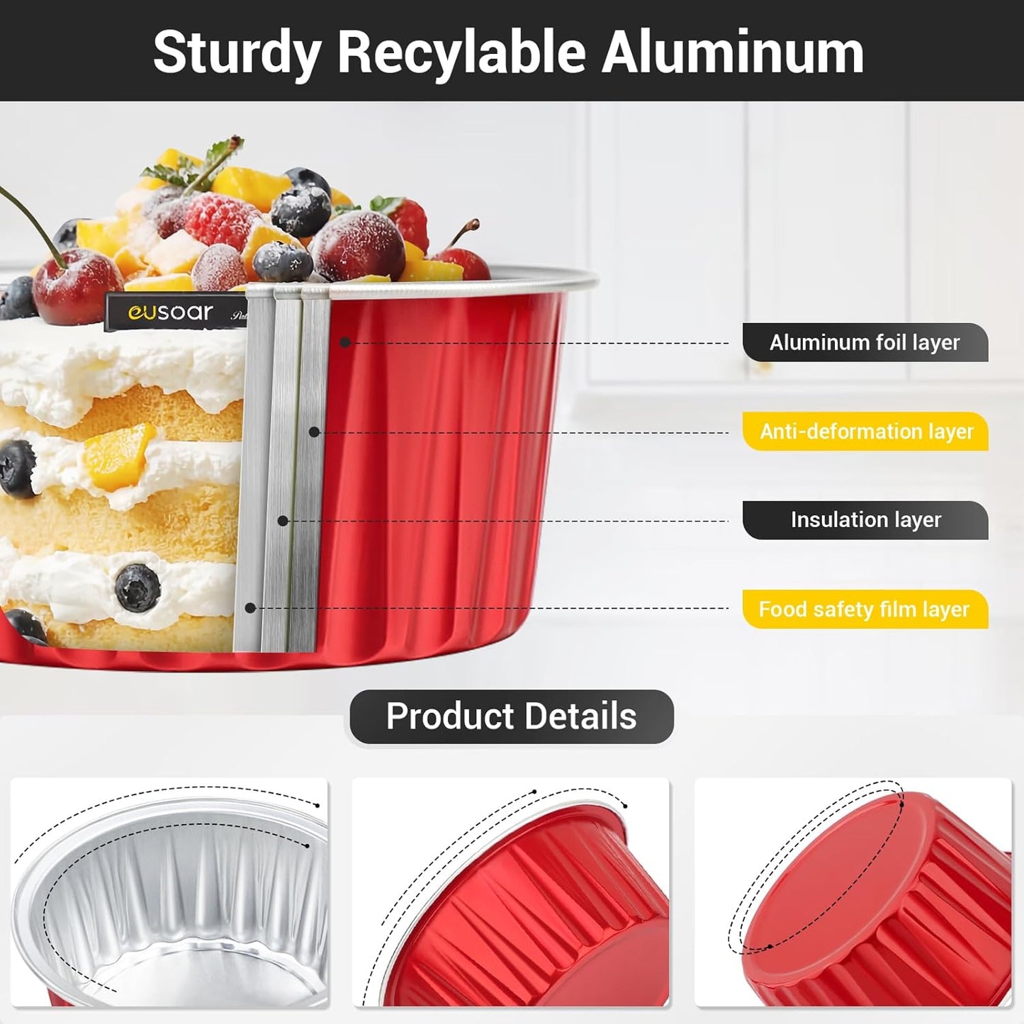 EUSOAR Disposable Ramekins, 30pcs 5oz Aluminum Foil Cupcake Baking Cups Containers with Lids, Dessert Cups Mini Aluminum Cheesecake Pan Creme Brulee Ramekins - Red