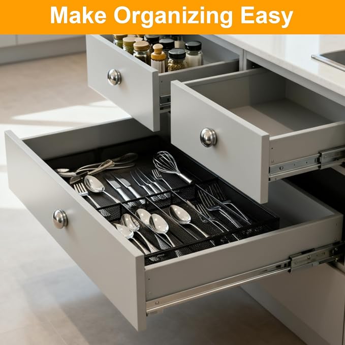 1 Pcs Utensil Drawer Silverware Organizer, Metal Mesh Expandable 13" ~24" Kitchen Drawer Organizer, 7-9 Slots Cutlery Tray Dividers for Kitchen Flatware Christmas Housewarming Gift (Black) - Image 4