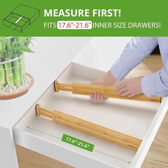 ANTOWIN Bamboo Drawer Dividers Organizers 16pcs, Expandable Drawer Separators Splitter, 17-22 inches Long Adjustable Spring-loaded Organizer for Large Utensil, Clothes, Tools Drawers (8+8) - Image 5