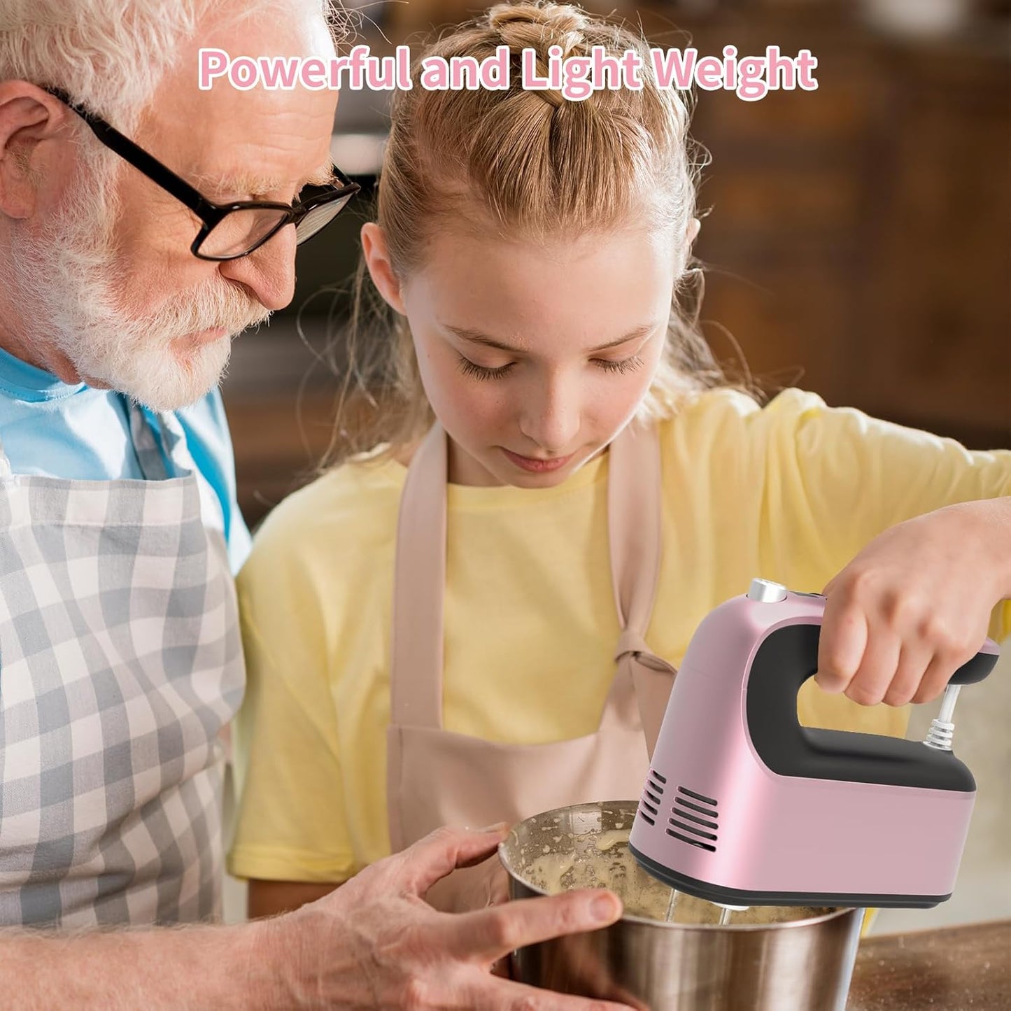 9-Speed Digital Hand Mixer Electric, 400W Powerful DC Motor, Baking Mixer Handheld with Snap-On Storage Case, 5 Stainless Steel Accessories, Flat Beaters, Dough Hooks, Whisk (Rose Gold)
