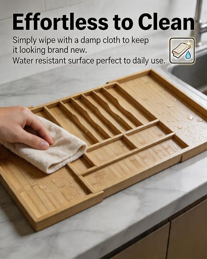Expandable Bamboo Silverware Drawer Organizer – Adjustable 33" Wide Wooden Utensil Tray with 11-Compartments, Large Kitchen Flatware & Spoon Holder, Natural Solid Wood for Drawers - Image 5