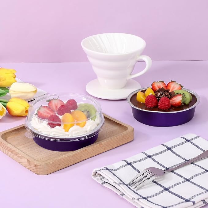 Beasea 7.3oz Cheesecake Pan with Lids, 20 Pack 4 Inch Round Aluminum Foil Disposable Tart Tins, Cupcake Container with Lids Mini Pie Tart Pans Baking Cups For Pizza Quiche - Violet Purple - Image 6
