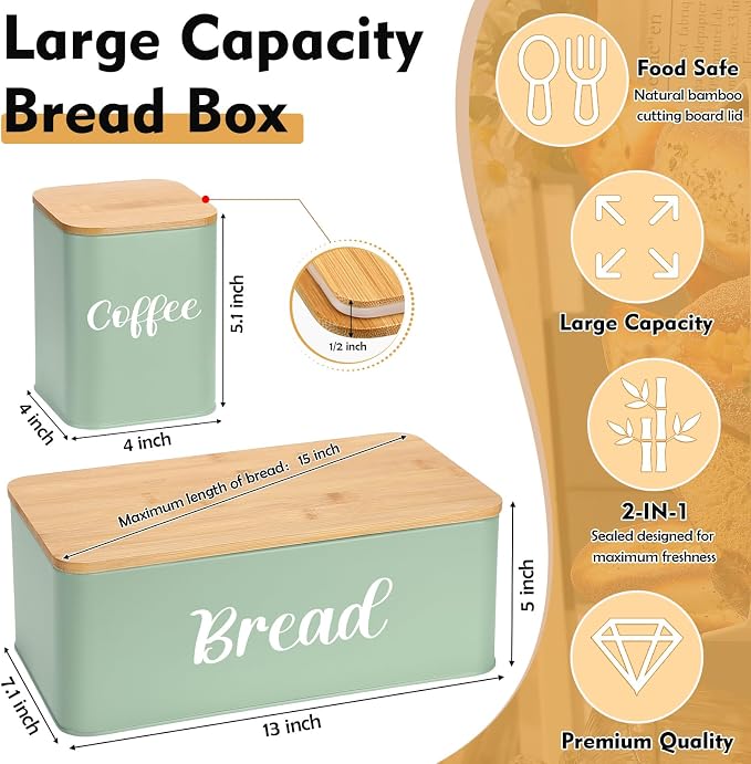 Domensi Metal Bread Box and Ceramic Butter Dish with 3 Airtight Kitchen Canisters Farmhouse Storage Canister Set for Kitchen with Bamboo Cutting Board Lid and Stainless Steel Butter Knife (Green) - Image 2