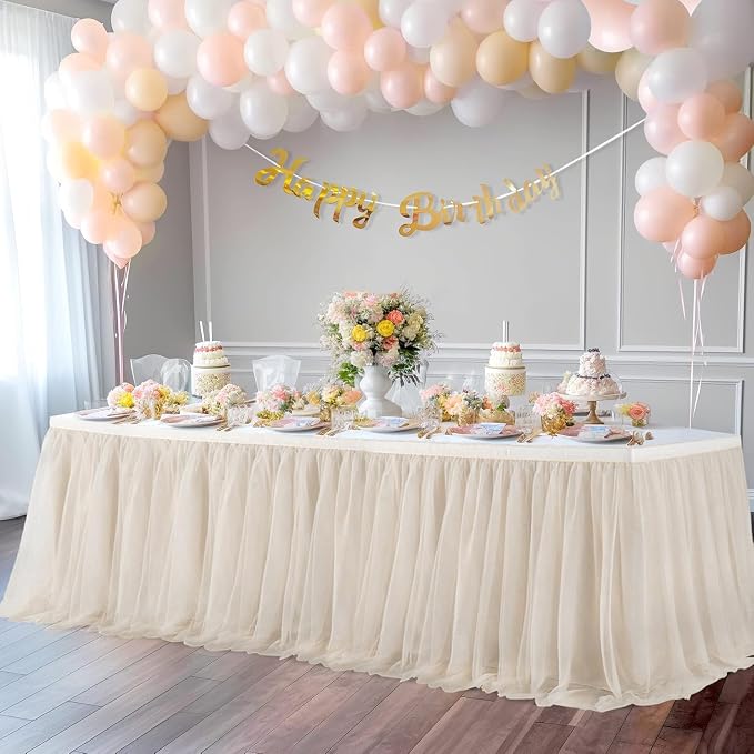 252in Champagne Gold Tulle Table Skirts for Rectangle Tables 8ft, 2-Layer Beige Ruffle Tulle Tutu Cloth Table Skirt 21ft for Wedding Party Birthday Baby Shower Cake Dessert(No Table Cover) - Image 9