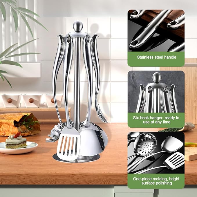 18/10 Stainless Steel Cooking Utensils Set with Holder, 7-Pieces All Metal Kitchen Utensils, Kitchen Cooking Tools, Kitchen Tools with Countertop Rotating Stand - Image 4