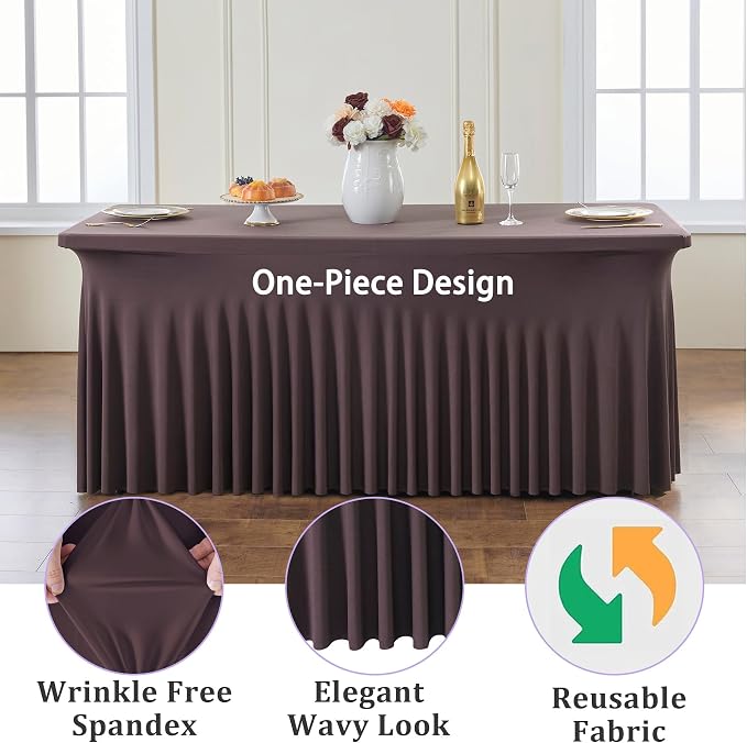 4 Pack Brown Spandex Tablecloths for 6 Foot Rectangle Tables, Wrinkle Free Stretchy Table Cloths 6ft Fitted Table Cover DeskSkirt for Weddings Birthday Party Banquet Baby Shower - Image 3