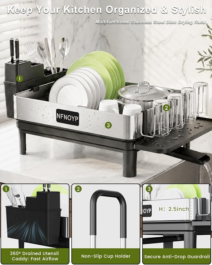 304 Stainless Steel Dish Drying Rack for Kitchen Counter, Black - Image 5