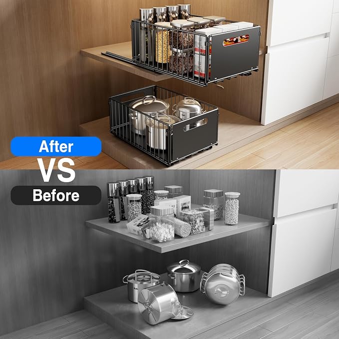 Mustorn 2 Pack Pull Out Cabinet Organizer, Slide Out Drawers for Cabinets, Peel and Stick, Heavy Duty Shelves for Kitchen, Cupboard, Pantry, Bathroom (14.76" D*9.65" W*7.87" H-Black) - Image 6