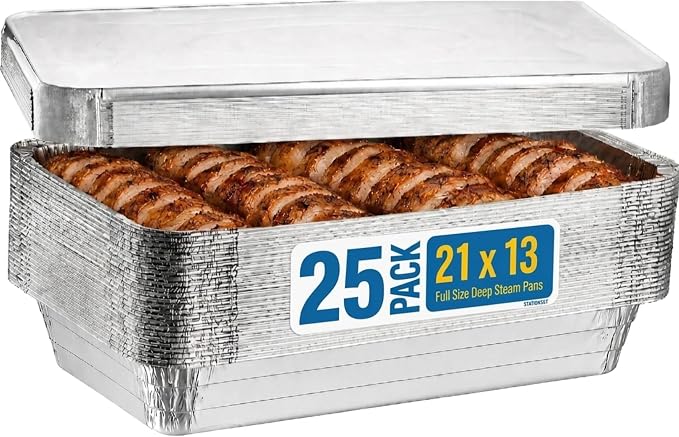 (25 Count) Full Size Deep Steam Table Pans With Lids | Foil Pans with Lids | Disposable Food Containers for Baking, Freezing, and Storage (21” x 13” x 3”) by Plastible