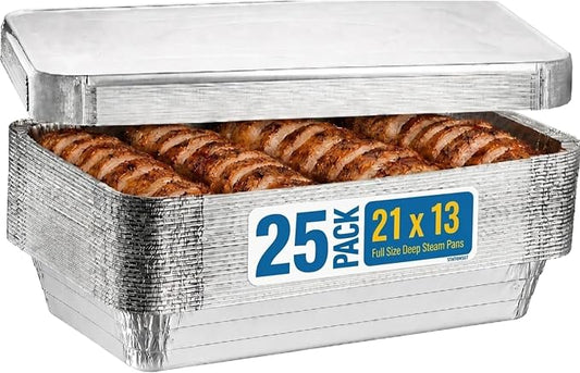 (25 Count) Full Size Deep Steam Table Pans With Lids | Foil Pans with Lids | Disposable Food Containers for Baking, Freezing, and Storage (21” x 13” x 3”) by Plastible