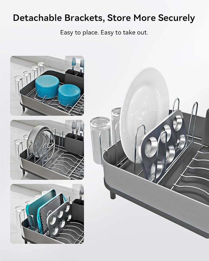 SUNLY Expandable Dish Drying Rack, Versatile Brackets for Pots & Pans, Space Saving Kitchen Drying Rack, Dish Racks for Kitchen Counter, Stainless Steel Dish Drainers with Extendable Spout, Black - Image 3